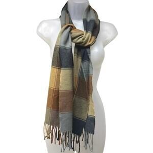 100% Cashmere Scarf Pashmina Blue Brown Plaid 62” x 12” Soft Luxury 3” fringe